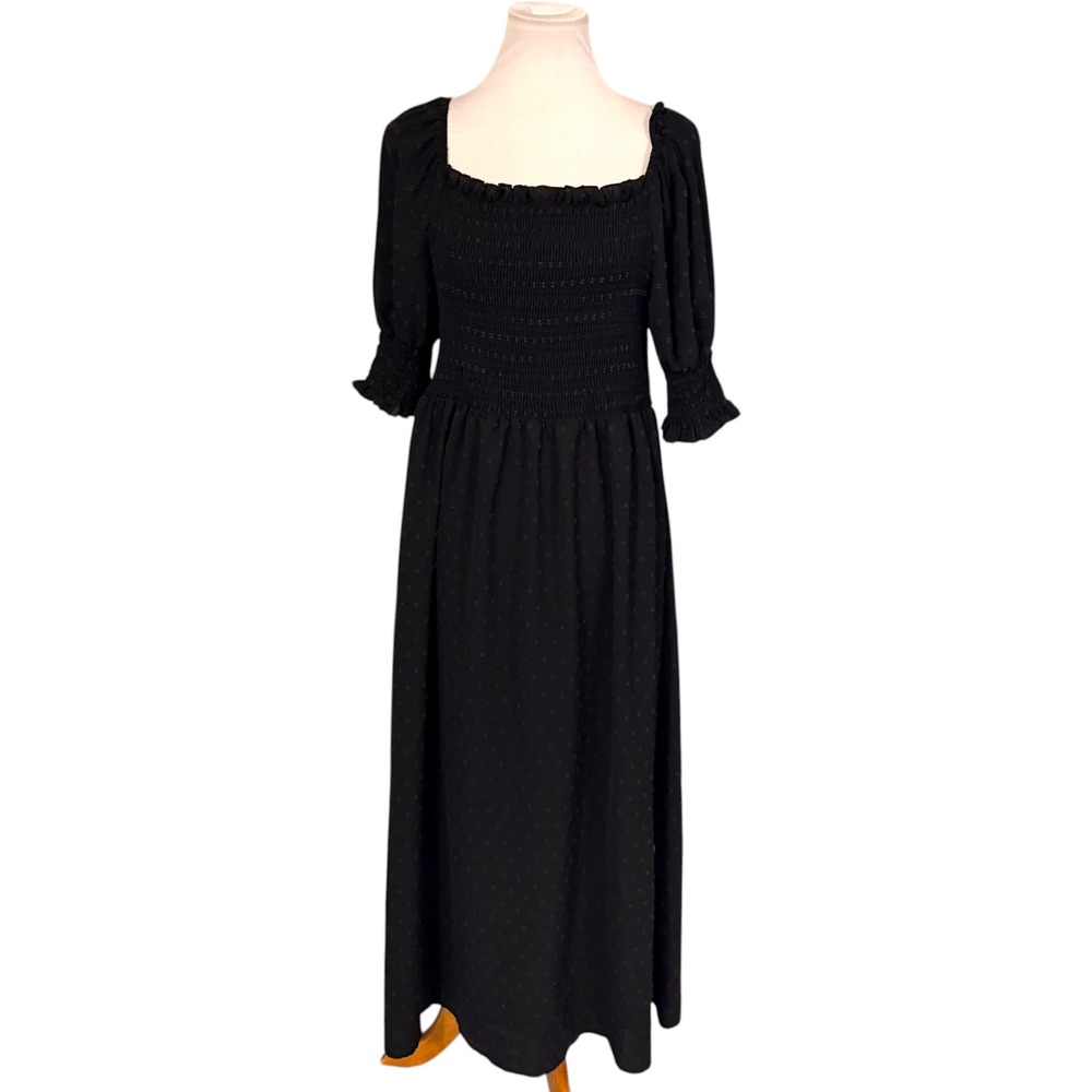 Shein Curve Maxi Dress 2XL Black Swiss Dot Smocked Square Neck Puff Sleeve - Picture 2 of 9